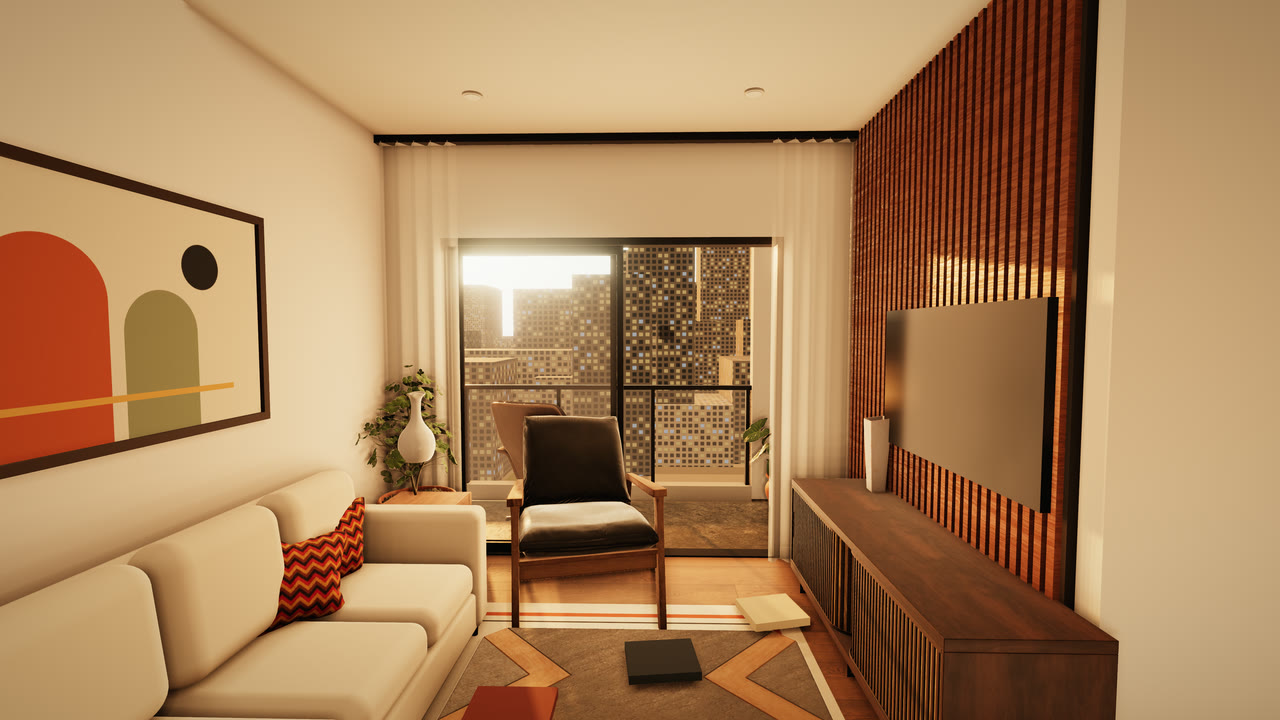 2BHK hall at sunset: cream sofa, slatted walnut TV wall, lounge chair by the balcony door