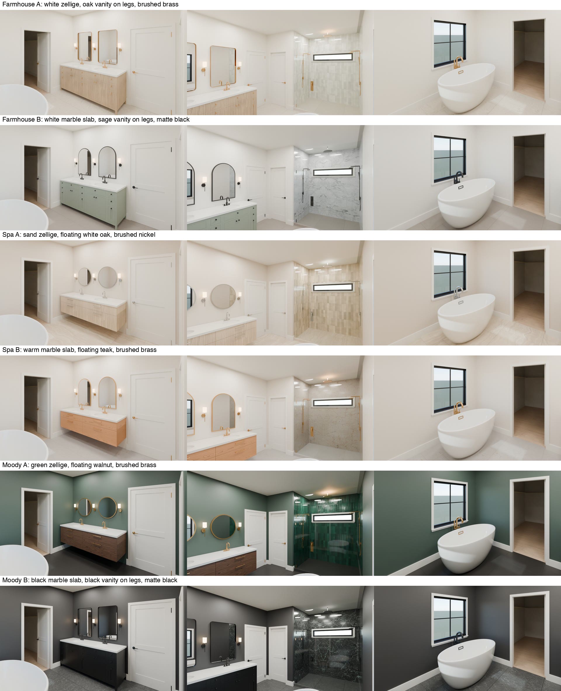 One bathroom in six finish options, shown from three angles each: Farmhouse A and B, Spa A and B, Moody A and B, with tile, vanity and fixture finishes labelled