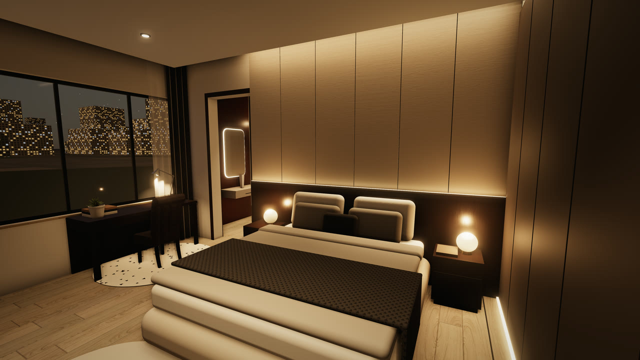 Bedroom at night: a cove light washes tall cream panels behind an upholstered bed, orb lamps glow on dark nightstands