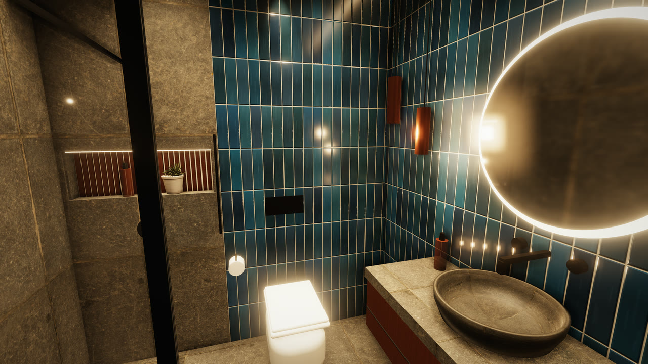 Toilet with blue vertical tiles, a round backlit mirror over a stone vessel basin, copper pendants and a lit shower niche