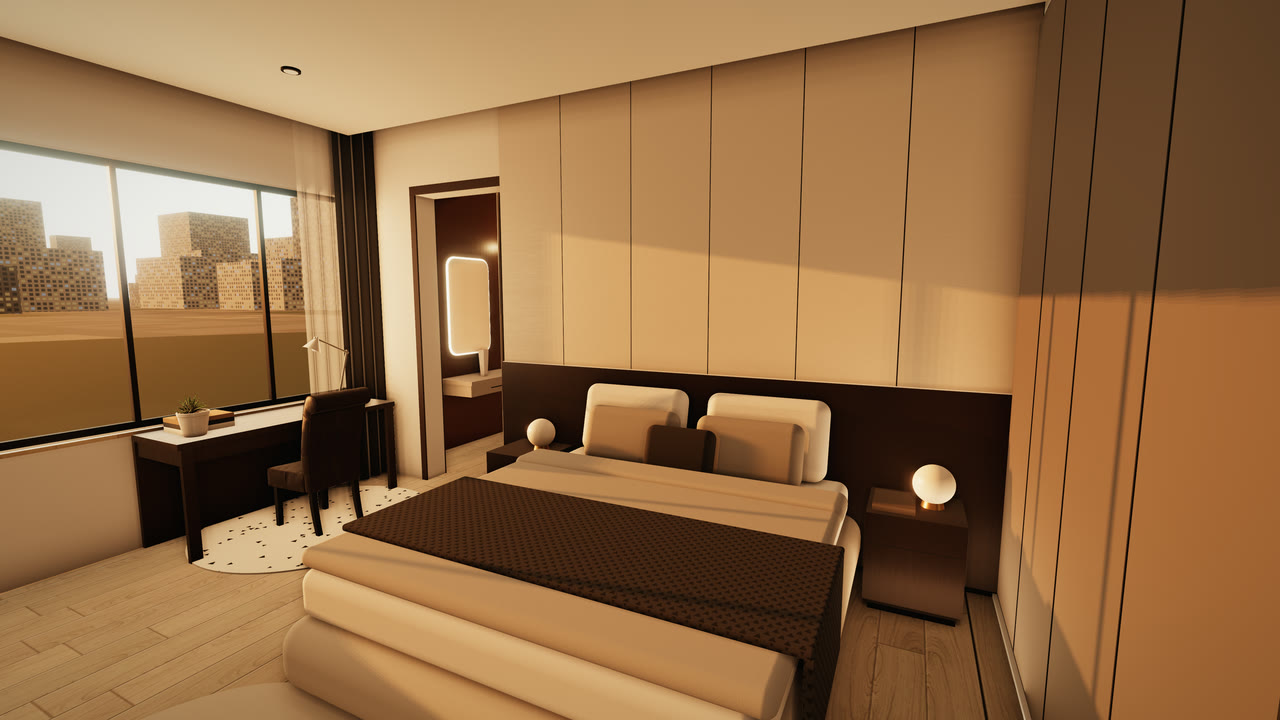 The same bedroom at sunset, low sun falling across the bed and wall panels through a wide window